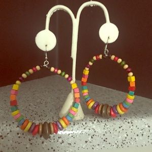 Multi color light in weight wood hoop earrings